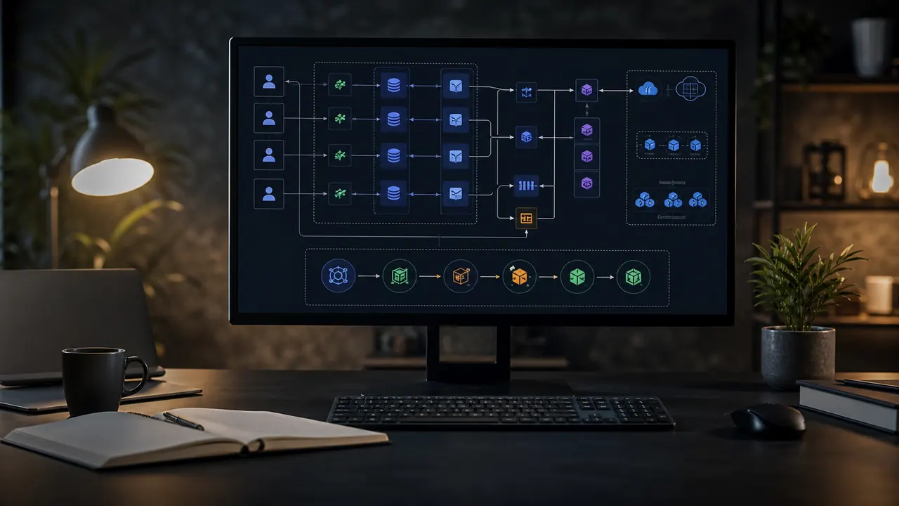 Dark monitor showing a SaaS architecture diagram with users, databases, services, and cloud infrastructure